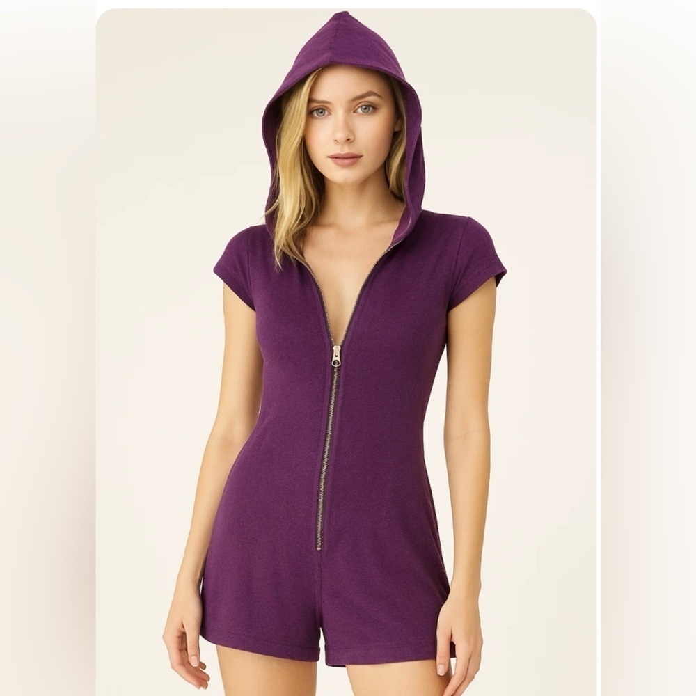 Beach Bunny size Medium Purple terry Romper swimsuit coverup jumpsuit Zip up